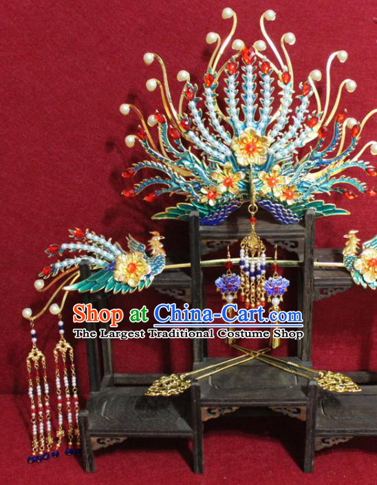 Chinese Ancient Imperial Consort Phoenix Coronet Hair Jewelry Traditional Handmade Tassel Hairpins Ming Dynasty Queen Blueing Hair Accessories Complete Set