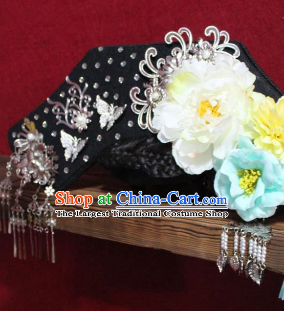 Chinese Ancient Imperial Consort White Peony Phoenix Coronet Hair Jewelry Traditional Handmade Hairpins Qing Dynasty Queen Hair Accessories Complete Set