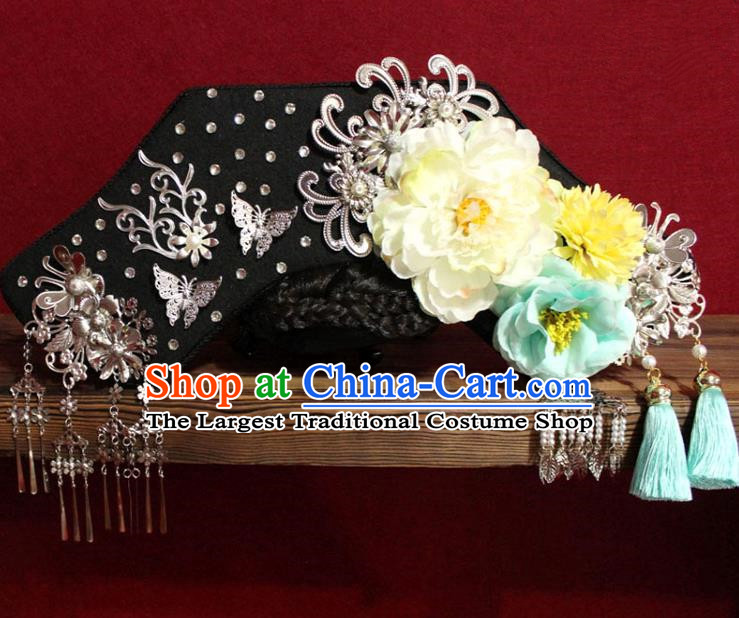 Chinese Ancient Imperial Consort White Peony Phoenix Coronet Hair Jewelry Traditional Handmade Hairpins Qing Dynasty Queen Hair Accessories Complete Set