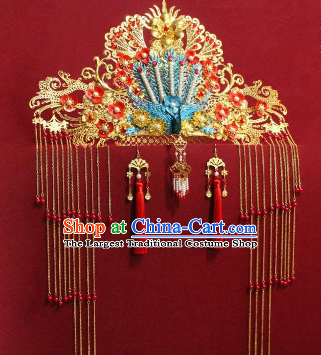 Chinese Ancient Imperial Consort Golden Phoenix Coronet Hair Jewelry Traditional Handmade Tassel Hairpins Ming Dynasty Queen Hair Accessories Complete Set