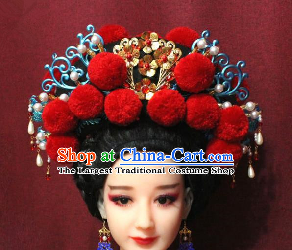 Chinese Ancient Imperial Consort Red Venonat Phoenix Coronet Hair Jewelry Traditional Handmade Hairpins Ming Dynasty Hair Accessories Complete Set