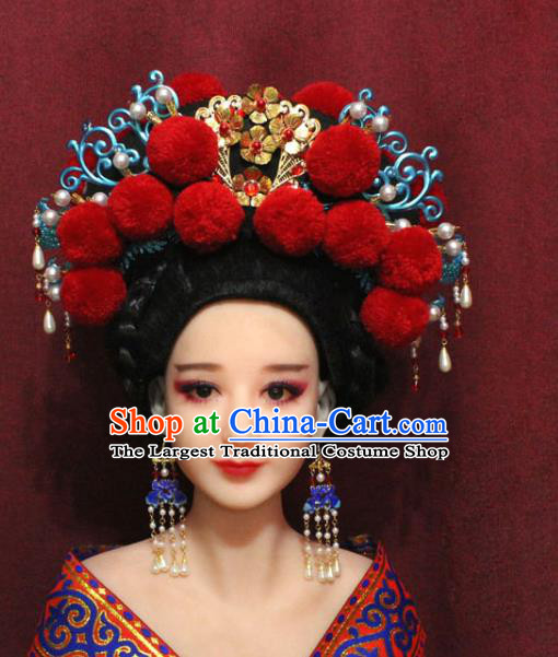 Chinese Ancient Imperial Consort Red Venonat Phoenix Coronet Hair Jewelry Traditional Handmade Hairpins Ming Dynasty Hair Accessories Complete Set