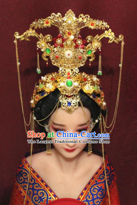 Chinese Ancient Imperial Consort Golden Phoenix Coronet Hair Jewelry Traditional Handmade Hairpins Hair Accessories Complete Set