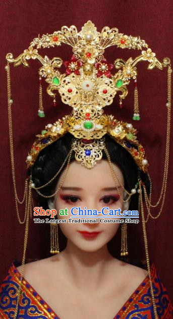 Chinese Ancient Imperial Consort Golden Phoenix Coronet Hair Jewelry Traditional Handmade Hairpins Hair Accessories Complete Set