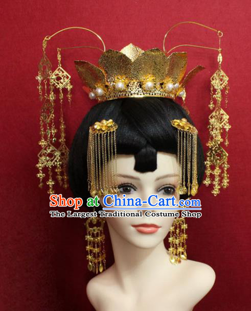 Traditional Chinese Ancient Empress Golden Lotus Phoenix Coronet Hair Crown Handmade Hair Jewelry Hairpins Hair Accessories for Women