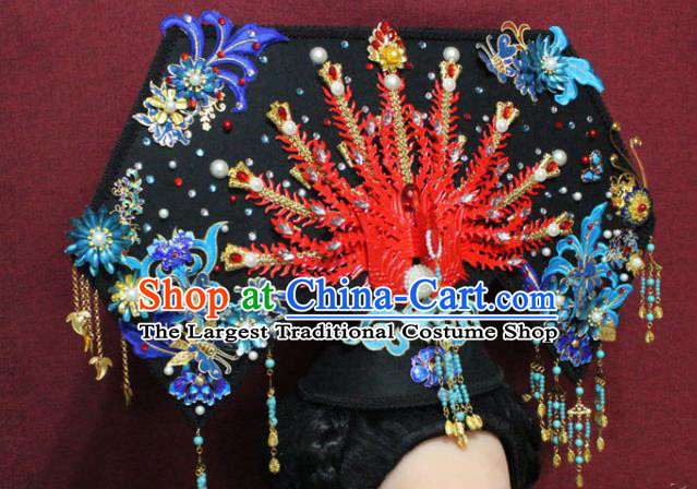 Chinese Ancient Imperial Consort Red Phoenix Coronet Hair Jewelry Traditional Handmade Hairpins Qing Dynasty Queen Hair Accessories Complete Set