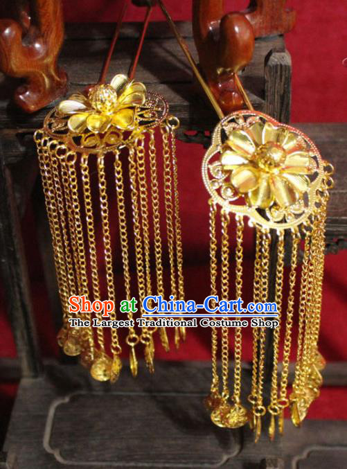 Traditional Chinese Handmade Golden Flower Hair Clip Ancient Queen Tassel Hairpin Hair Accessories for Women