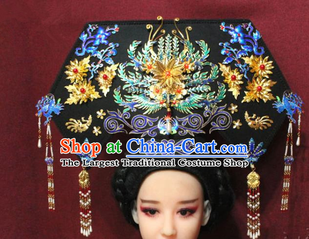 Chinese Ancient Imperial Consort Cloisonne Phoenix Coronet Hair Jewelry Traditional Handmade Hairpins Qing Dynasty Queen Hair Accessories Complete Set