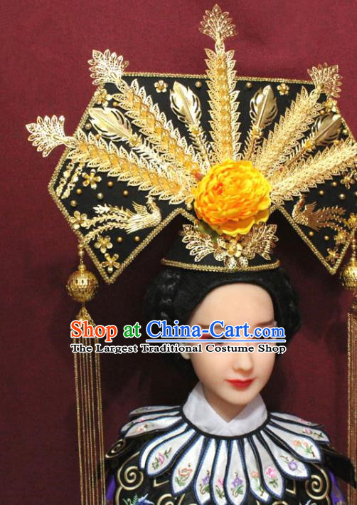 Chinese Ancient Imperial Consort Golden Peony Phoenix Coronet Hair Jewelry Traditional Handmade Hairpins Qing Dynasty Queen Hair Accessories Complete Set