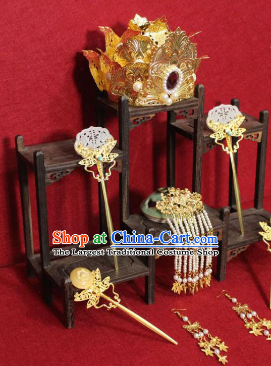 Traditional Chinese Ancient Empress Golden Phoenix Coronet Lotus Hair Crown Handmade Hair Jewelry Jade Hairpins Hair Accessories for Women