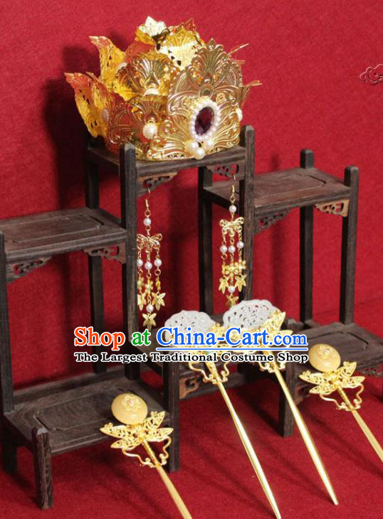 Traditional Chinese Ancient Empress Golden Phoenix Coronet Lotus Hair Crown Handmade Hair Jewelry Jade Hairpins Hair Accessories for Women
