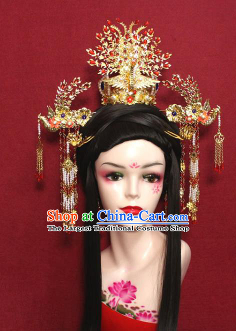 Traditional Chinese Ancient Queen Golden Phoenix Coronet Hair Crown Handmade Hair Jewelry Hairpins Red Crystal Hair Accessories for Women