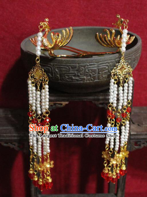 Traditional Chinese Handmade Beads Tassel Phoenix Tassel Hair Clip Ancient Queen Golden Hairpin Hair Accessories for Women