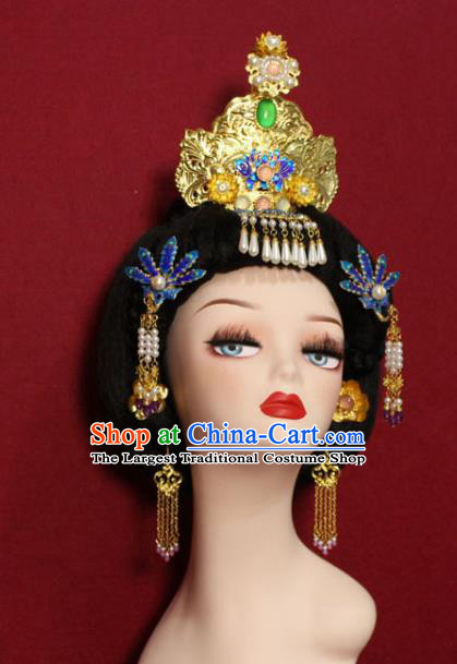Traditional Chinese Ancient Queen Cloisonne Phoenix Coronet Hair Crown Handmade Hair Jewelry Hairpins Golden Hair Accessories for Women