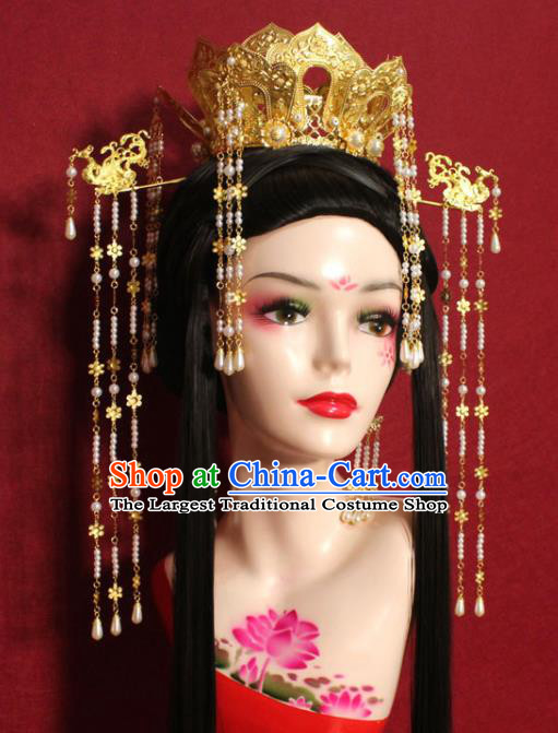 Traditional Chinese Ancient Queen Pearls Tassel Phoenix Coronet Hair Crown Handmade Hair Jewelry Hairpins Golden Lotus Hair Accessories for Women