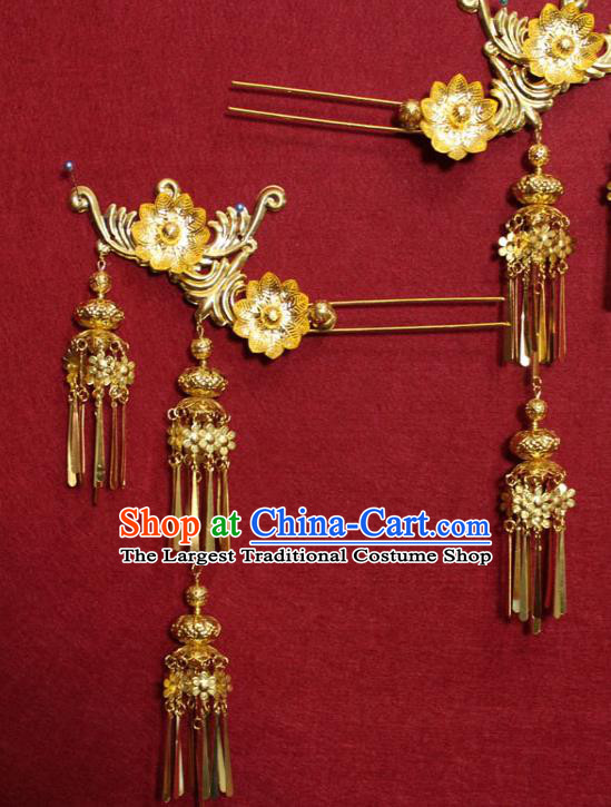Traditional Chinese Handmade Golden Flowers Tassel Hair Clip Ancient Queen Hair Accessories Hairpin for Women