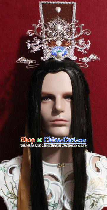 Traditional Chinese Handmade Ming Dynasty Prince Cloisonne Hair Crown Ancient Noble Childe Golden Ribbon Hairpin Hair Accessories for Men