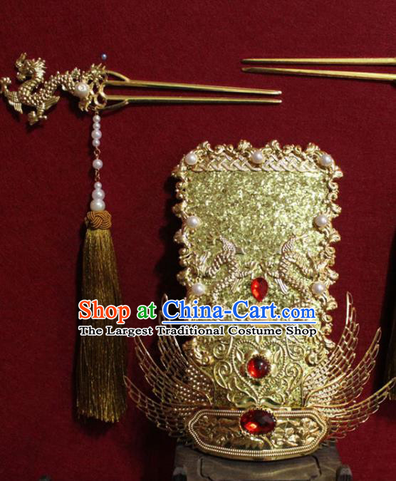 Traditional Chinese Handmade Ming Dynasty Prince Golden Hair Crown Ancient Noble Childe Dragon Hairpin Hair Accessories for Men