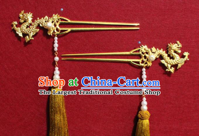 Traditional Chinese Handmade Ming Dynasty Prince Golden Hair Crown Ancient Noble Childe Dragon Hairpin Hair Accessories for Men