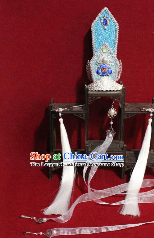 Traditional Chinese Handmade Ming Dynasty Prince Blue Hair Crown Ancient Noble Childe White Tassel Hairpin Hair Accessories for Men