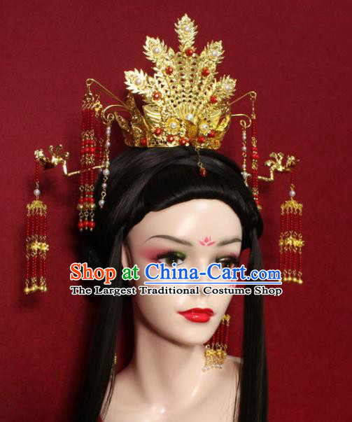 Traditional Chinese Ancient Queen Golden Phoenix Coronet Handmade Hair Jewelry Red Beads Tassel Hairpins Hair Accessories for Women