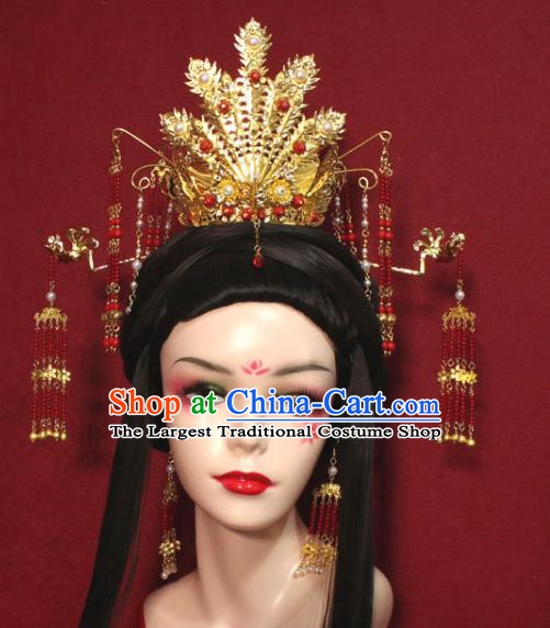Traditional Chinese Ancient Queen Golden Phoenix Coronet Handmade Hair Jewelry Red Beads Tassel Hairpins Hair Accessories for Women
