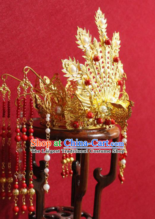 Traditional Chinese Handmade Golden Phoenix Hair Crown Ancient Queen Hairpin Hair Accessories for Women
