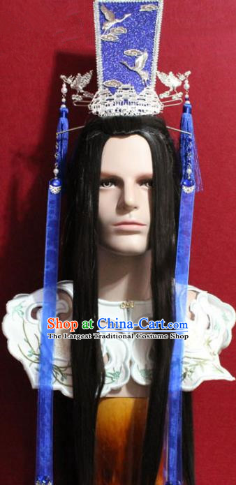 Traditional Chinese Handmade Ming Dynasty Prince Blue Hair Crown Ancient Noble Childe Hair Accessories for Men