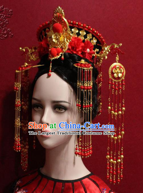 Traditional Chinese Ancient Imperial Consort Red Beads Tassel Phoenix Coronet Handmade Hair Jewelry Hairpins Hair Accessories Complete Set