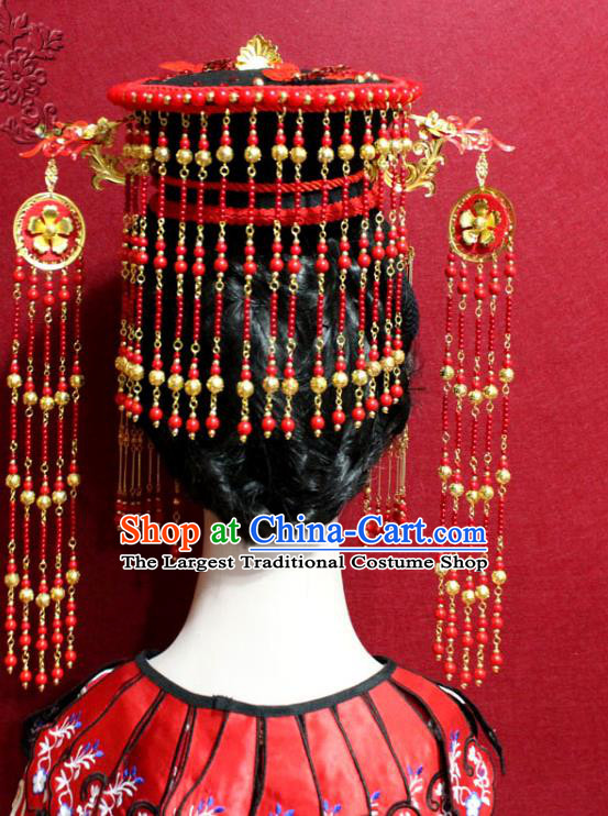 Traditional Chinese Ancient Imperial Consort Red Beads Tassel Phoenix Coronet Handmade Hair Jewelry Hairpins Hair Accessories Complete Set