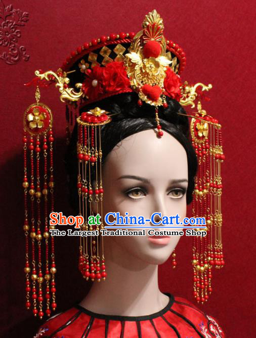 Traditional Chinese Ancient Imperial Consort Red Beads Tassel Phoenix Coronet Handmade Hair Jewelry Hairpins Hair Accessories Complete Set