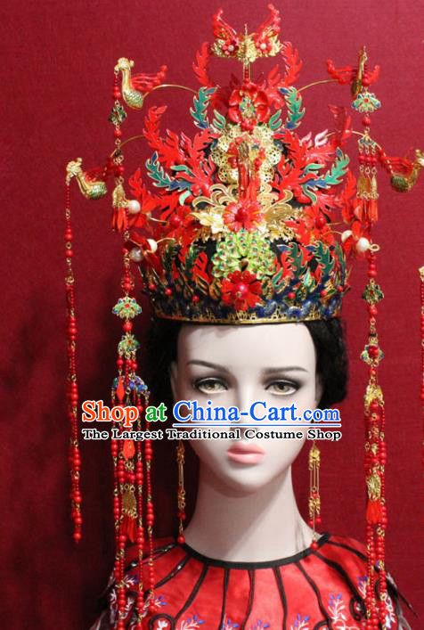 Traditional Chinese Ancient Imperial Consort Red Phoenix Coronet Handmade Hair Jewelry Hairpins Tassel Hair Accessories Complete Set