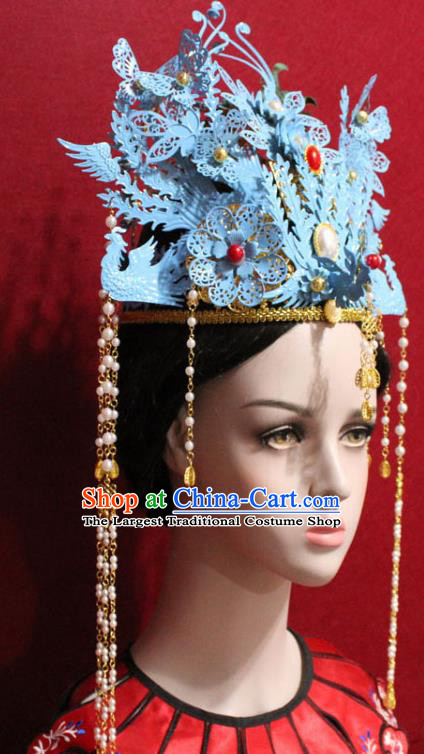 Traditional Chinese Ancient Qing Dynasty Imperial Consort Blue Phoenix Coronet Handmade Hair Jewelry Hair Accessories Complete Set