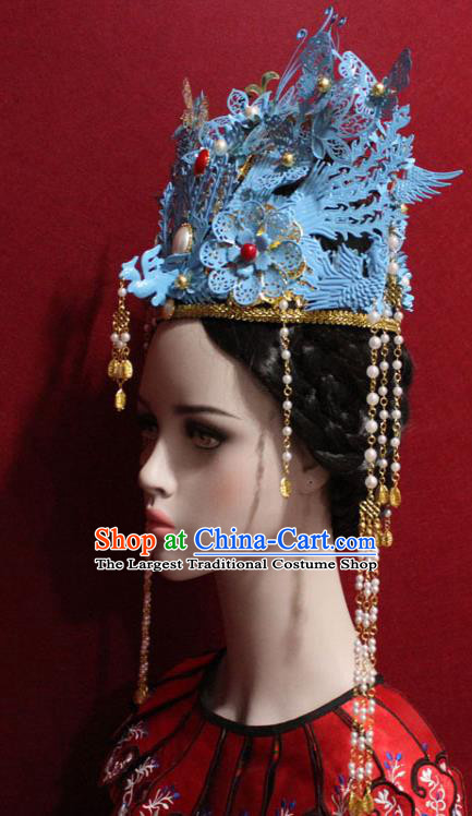 Traditional Chinese Ancient Qing Dynasty Imperial Consort Blue Phoenix Coronet Handmade Hair Jewelry Hair Accessories Complete Set