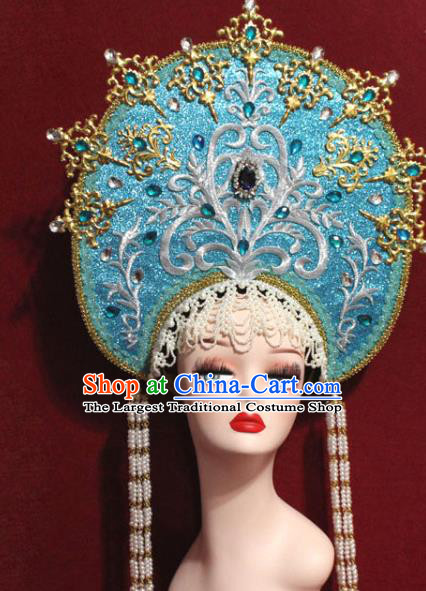 Traditional Chinese Ancient Queen Blue Phoenix Coronet Handmade Hair Jewelry Tassel Hair Accessories Complete Set