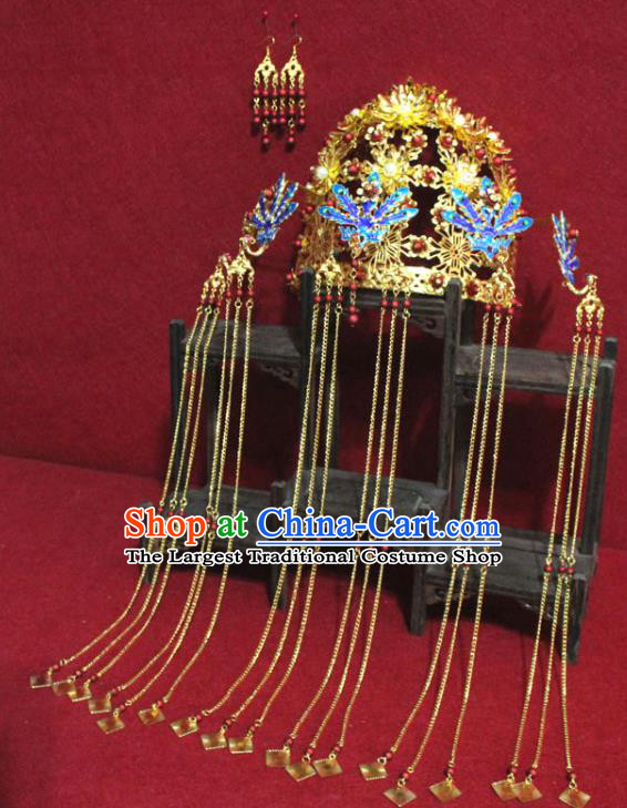 Traditional Chinese Ancient Queen Cloisonne Phoenix Coronet Handmade Hair Jewelry Hairpins Golden Tassel Hair Accessories Complete Set
