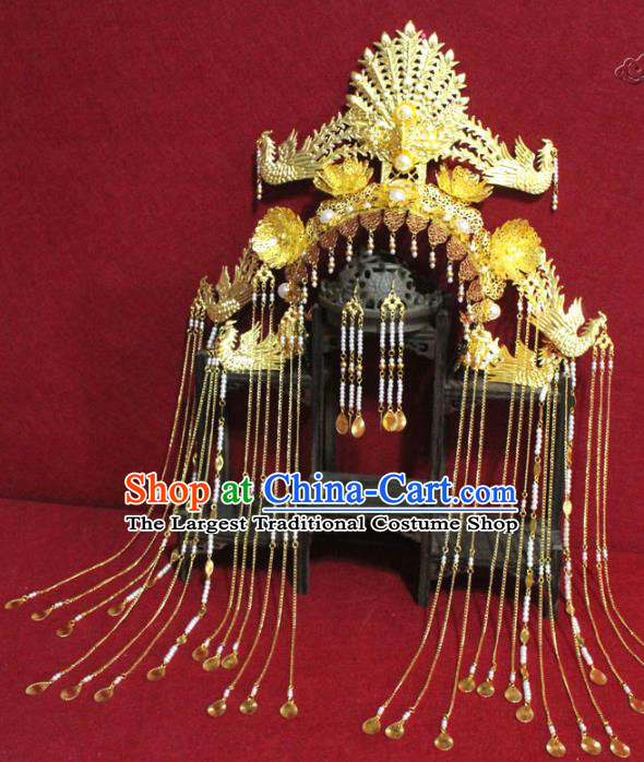 Traditional Chinese Ancient Queen Golden Flowers Phoenix Coronet Handmade Hair Jewelry Hairpins Tassel Hair Accessories Complete Set
