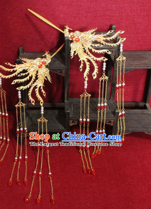 Traditional Chinese Handmade Golden Phoenix Tassel Hairpins Ancient Qing Dynasty Imperial Consort Hair Accessories Hair Clip for Women
