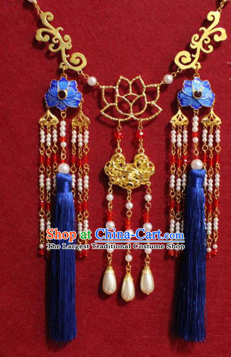 Traditional Chinese Ancient Princess Royalblue Tassel Necklace Handmade Jewelry Accessories Cloisonne Necklet for Women