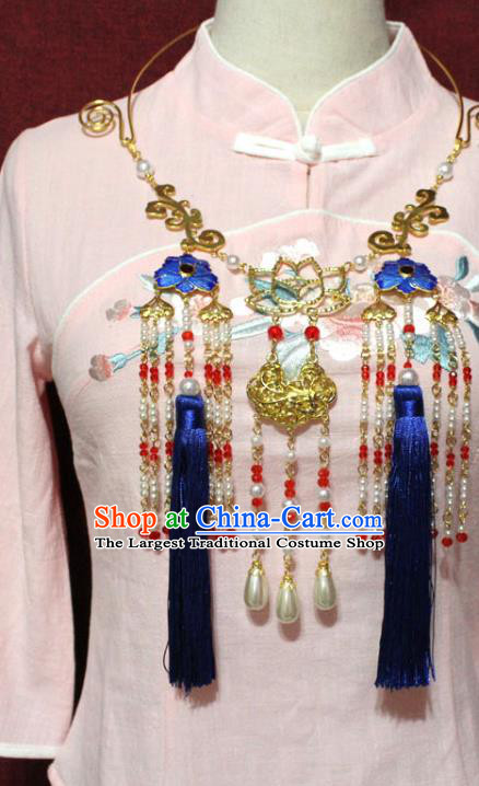 Traditional Chinese Ancient Princess Royalblue Tassel Necklace Handmade Jewelry Accessories Cloisonne Necklet for Women