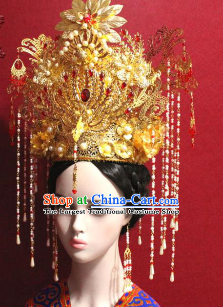 Traditional Chinese Ancient Queen Pearls Tassel Phoenix Coronet Handmade Hair Jewelry Hairpins Golden Hair Accessories Complete Set