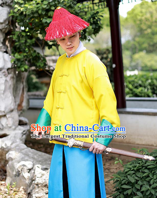 Chinese Traditional Qing Dynasty Imperial Bodyguard Hanfu Clothing Ancient Drama Court Swordsman Garment Historical Costumes and Hat Complete Set