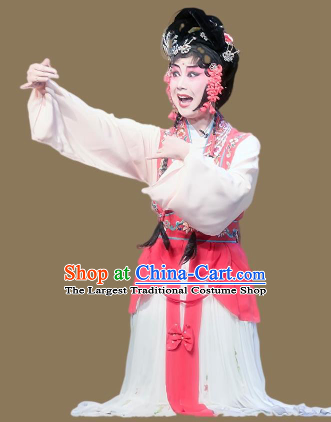 Chinese Sichuan Opera Maidservant Hong Niang Garment Costumes and Hair Accessories Kao Hong Traditional Peking Opera Young Lady Dress Xiaodan Apparels