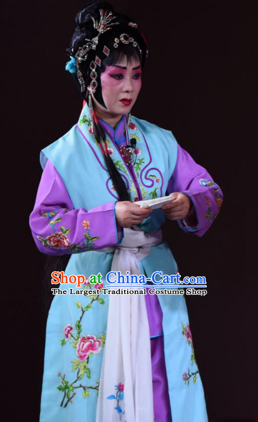 Chinese Sichuan Opera Maid Lady Garment Costumes and Hair Accessories Ni Bi Tower Traditional Peking Opera Xiaodan Dress Servant Girl Wang Cuiqiao Apparels