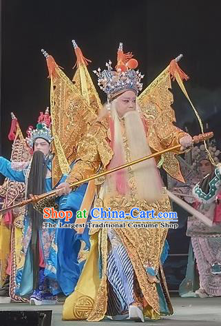 Shuang Ba Lang Chinese Sichuan Opera Elderly Male Apparels Costumes and Headpieces Peking Opera General Yang Jiye Garment Armor Clothing with Flags