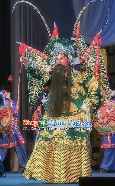 Shuang Ba Lang Chinese Sichuan Opera Military Officer Apparels Costumes and Headpieces Peking Opera General Wang Ying Garment Green Kao Clothing with Flags