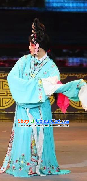 Chinese Sichuan Opera Diva Garment Costumes and Hair Accessories Shuang Tian Guan Traditional Peking Opera Young Beauty Blue Dress Hua Tan Apparels