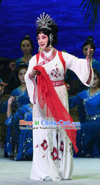 Chinese Beijing Opera Diva Lin Moniang Apparels Costumes and Headpieces Traditional Peking Opera Ma Zu Village Girl White Dress Garment