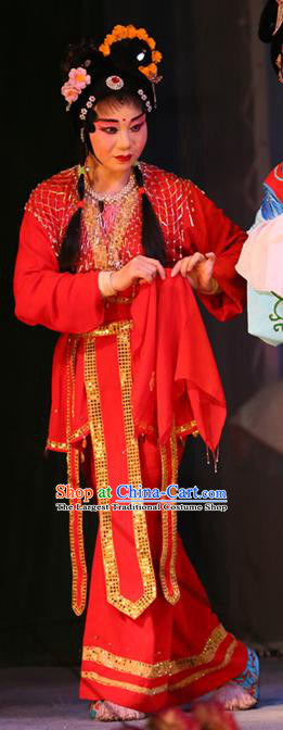 Chinese Sichuan Opera Servant Girl Garment Costumes and Hair Accessories The Lotus Lantern Traditional Peking Opera Xiaodan Red Dress Apparels
