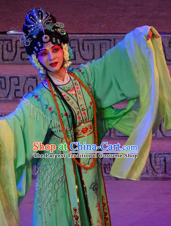 Chinese Sichuan Opera Actress Xi Hui Garment Costumes and Hair Accessories Qing Yun Palace Traditional Peking Opera Young Female Green Dress Apparels
